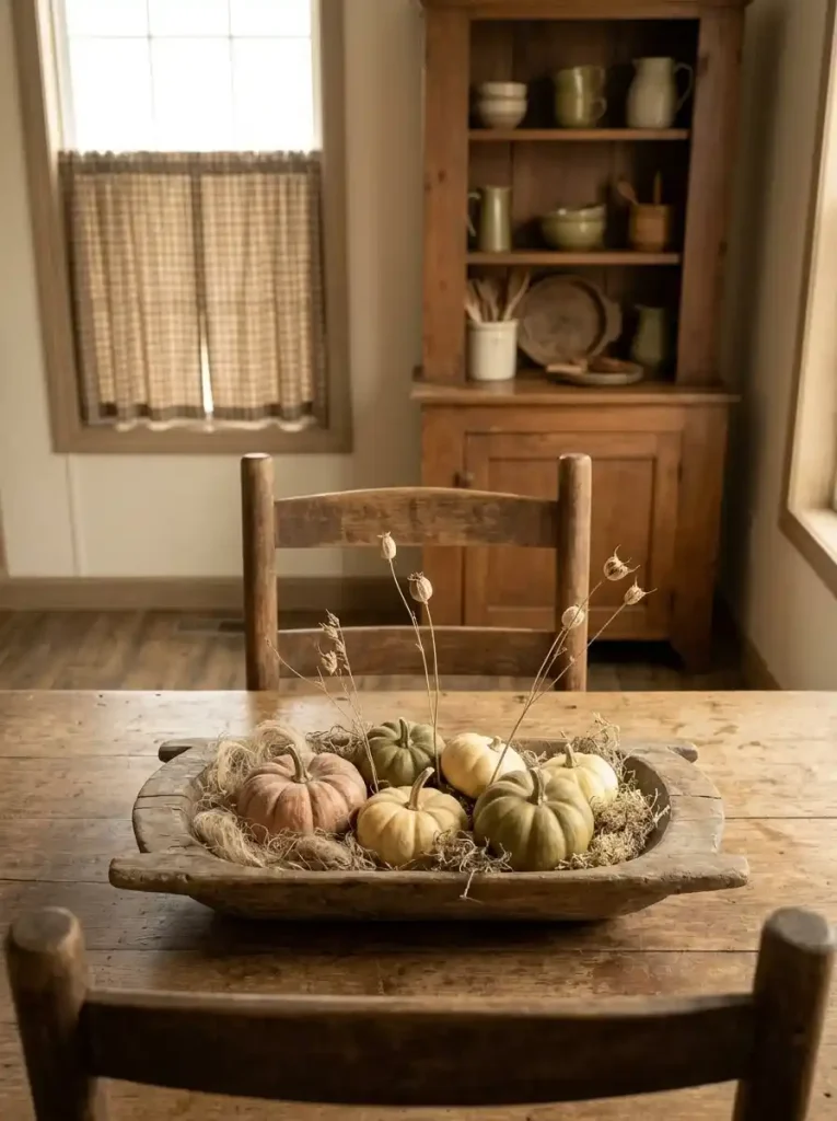 Low primitive fall dining centerpiece photographed from seated height with a clear sightline to the opposite chair.