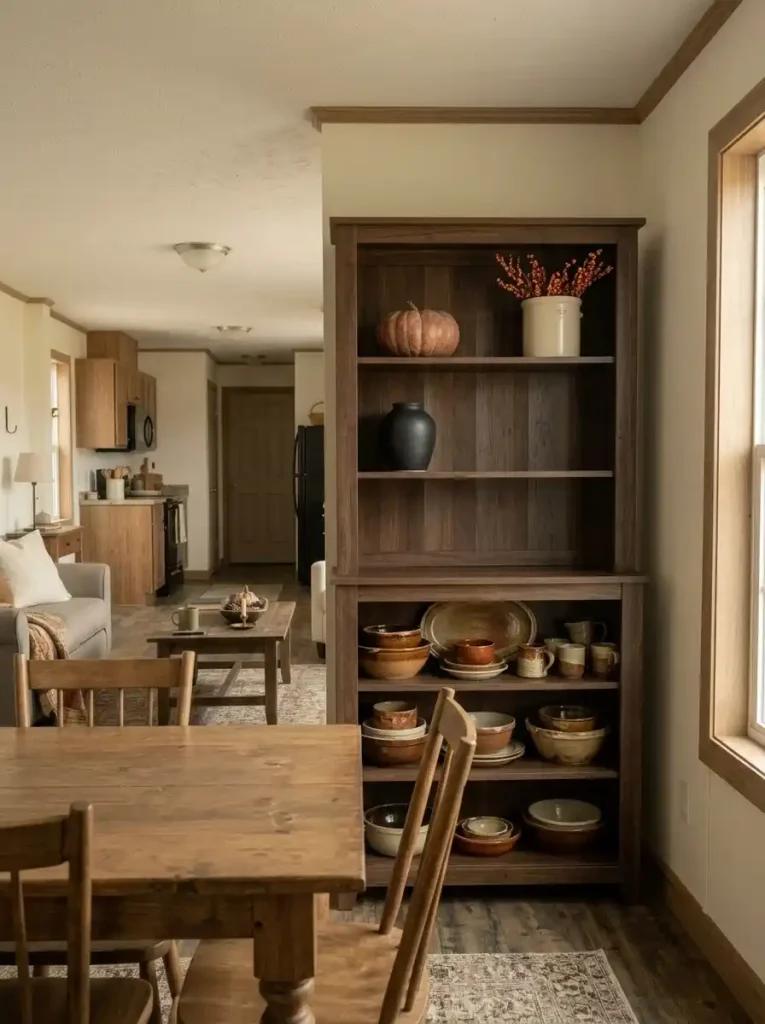 Primitive fall hutch with alternating full, quiet and focal shelves beside a compact mobile home dining area.