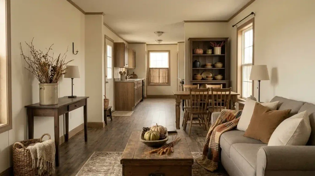 Primitive fall mobile home decor across a connected living room and dining area with worn wood, stoneware, baskets and muted harvest colors.