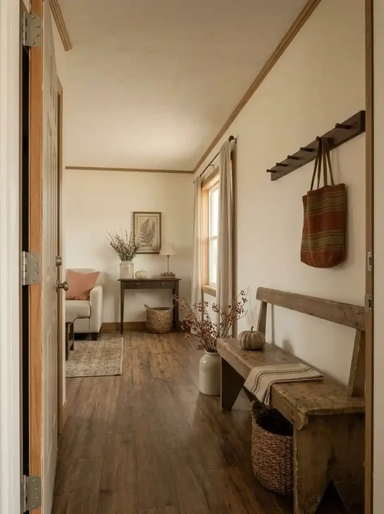 Compact mobile home entry with a worn bench, basket and primitive fall accents while keeping the doorway clear.