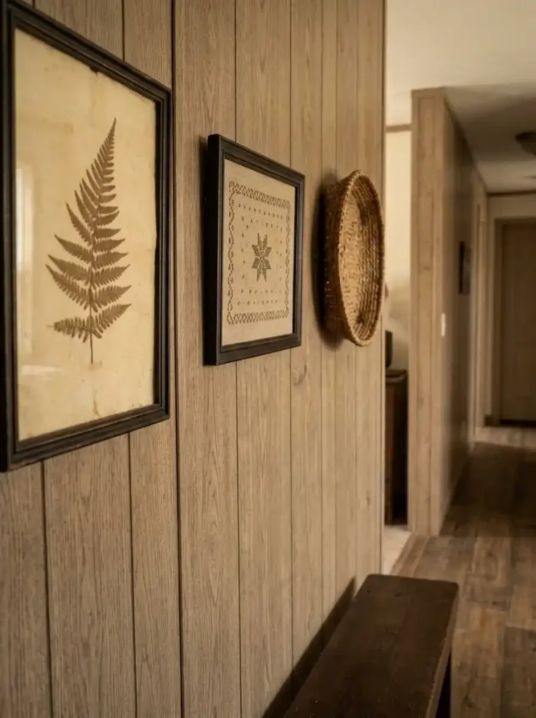 Primitive botanical art, sampler-style textile and shallow basket decorating a narrow mobile home wall without using floor space.