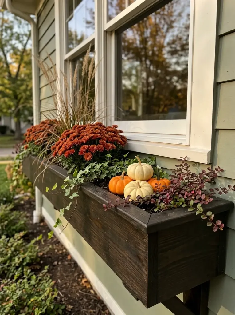 Fall mobile-home window box with one clustered group of mini orange and ivory pumpkins nested among rust mums and foliage.