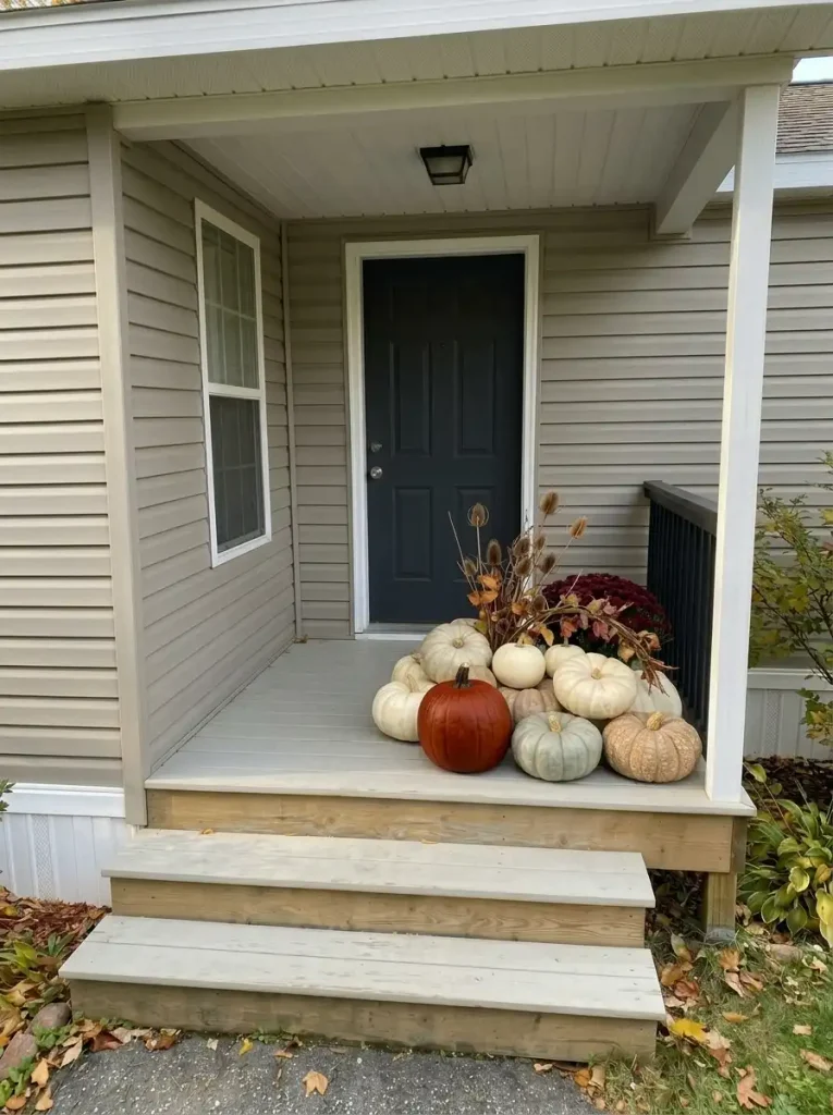 Neutral cream and sage pumpkins with one orange accent create a controlled fall color palette on a mobile-home porch.