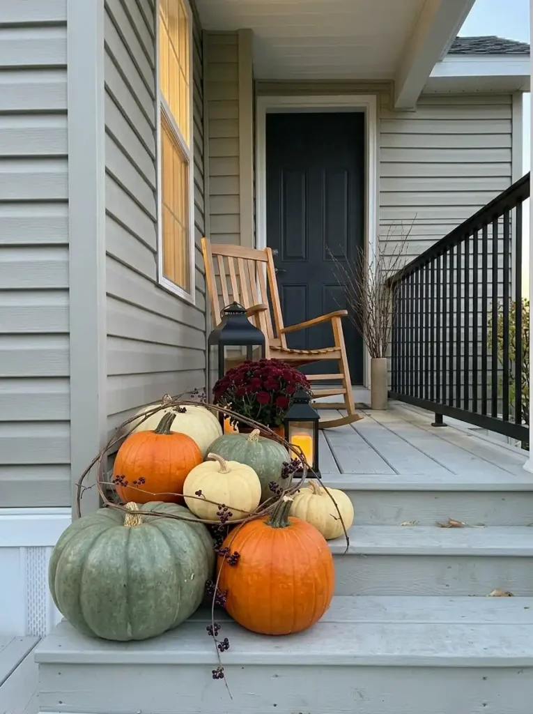Grapevine, thin berry stems and bare branches break up a dense grouping of round pumpkins on a mobile-home porch.