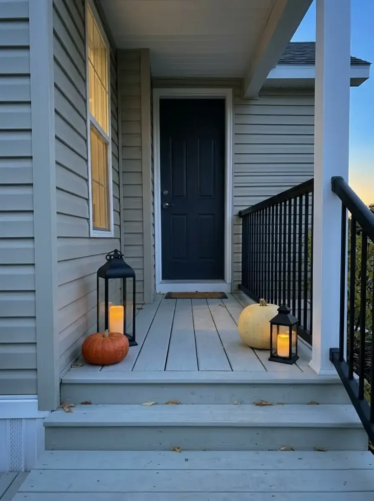 Tall and short black lanterns pair with squat and round pumpkins at different heights on a mobile-home porch at dusk.