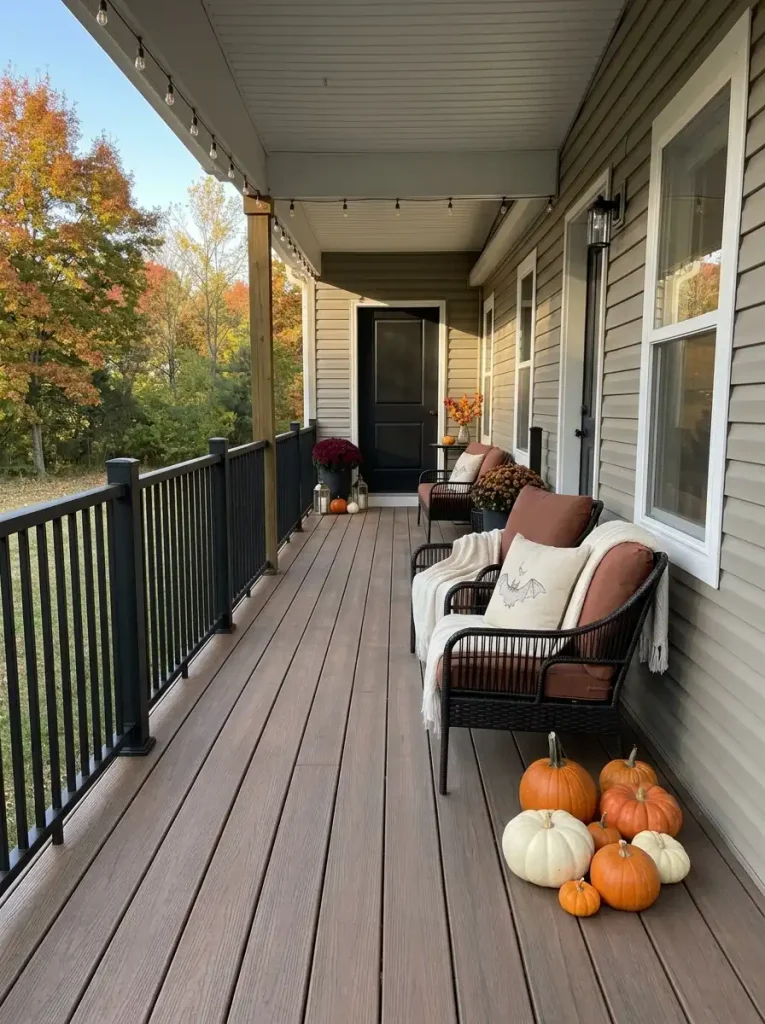 Layered pumpkins and burgundy mums form one compact Halloween focal cluster at the end of a mobile home patio.