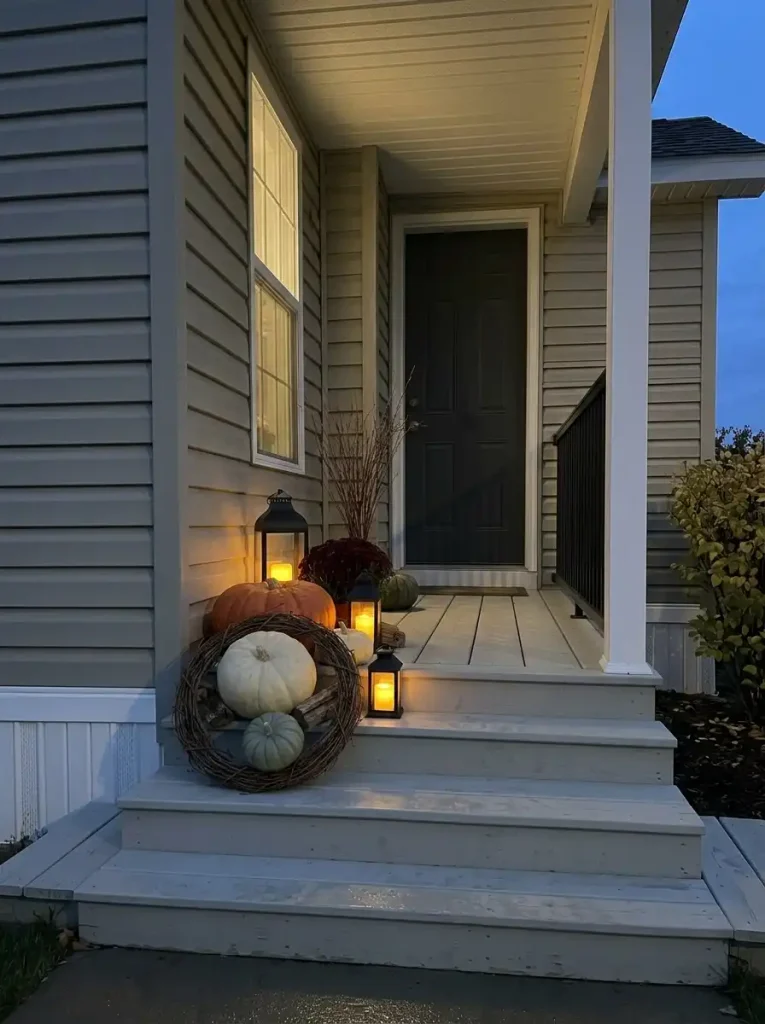 Mobile-home pumpkin porch at dusk with cream and sage pumpkins positioned where warm porch light keeps their silhouettes visible.