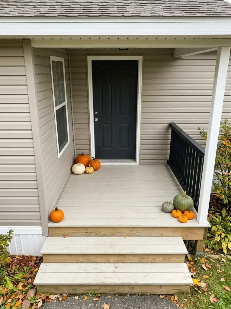 Small mobile-home porch with pumpkins grouped into separate side and step zones while the center walking path to the door remains clear.