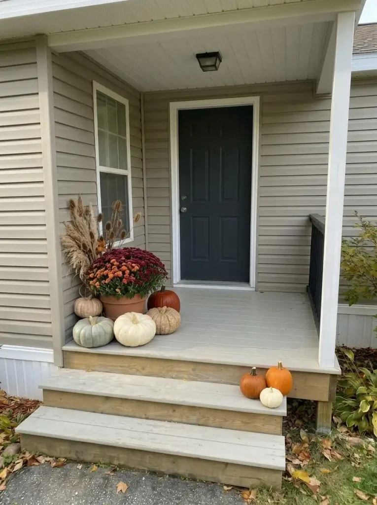 Pumpkins bookend opposite outer corners of mobile-home porch steps while the middle of the staircase remains open.