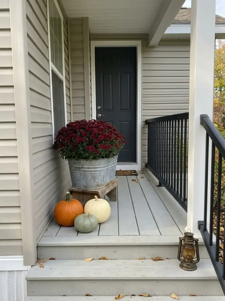 Burgundy mums rise above low orange, cream and sage pumpkins on a compact mobile-home front porch.