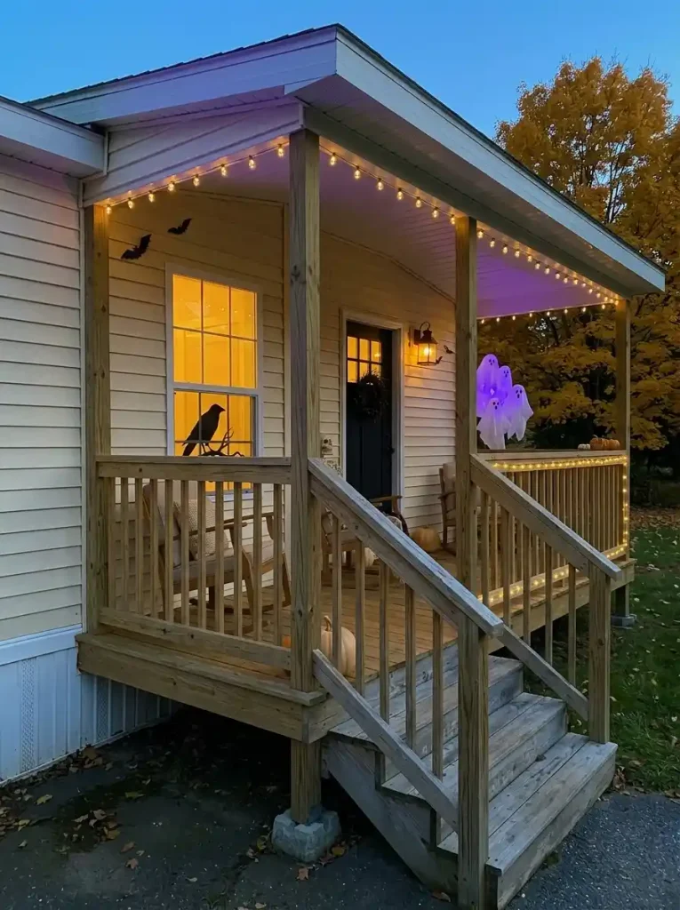 Mobile home Halloween porch using controlled purple twilight lighting in the upper porch with warm amber light preserved near the doorway.