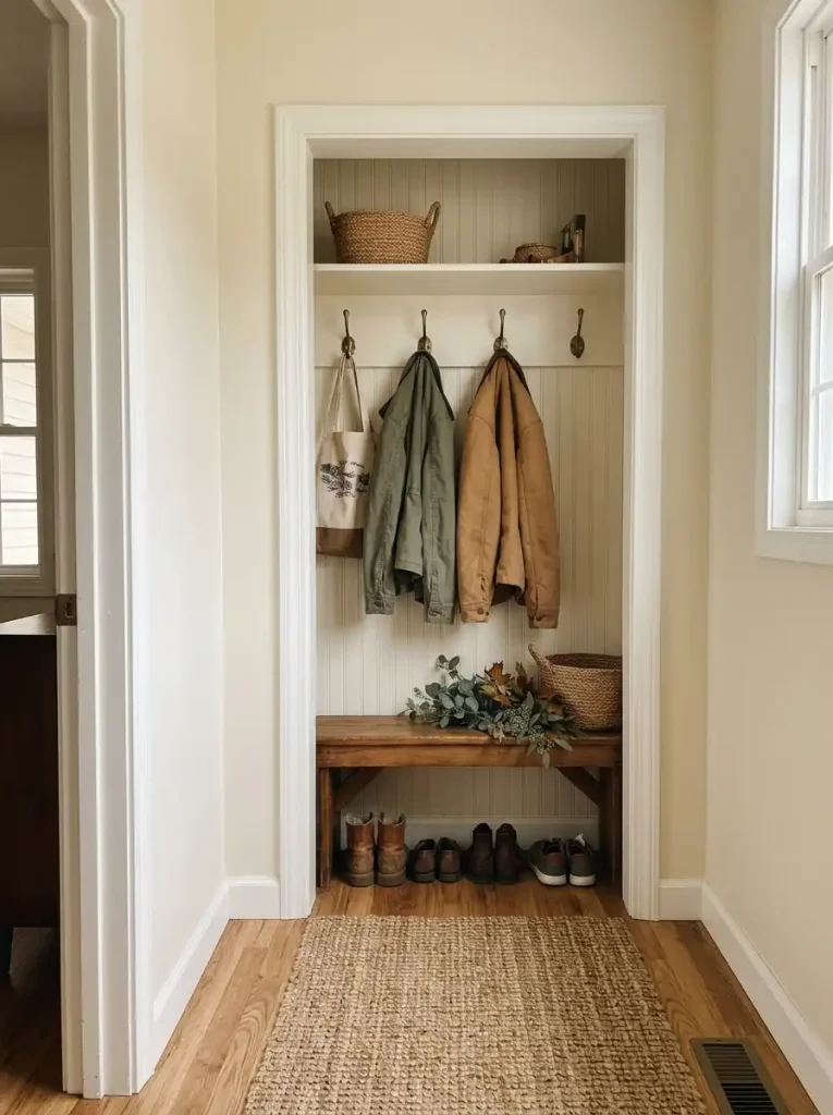 Recessed mobile home entry nook with an oak bench, brass coat hooks, handbag shelf and shoe storage beside a clear hallway.