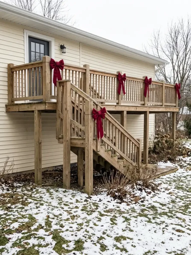 Red Christmas bows attached to the exterior posts of a small wooden mobile-home deck railing.