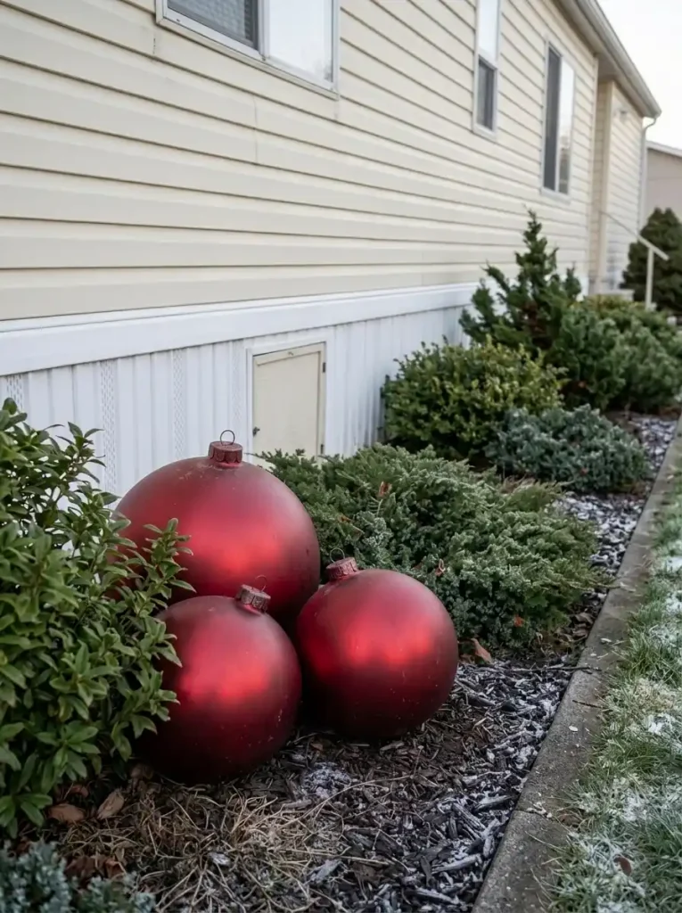 Three oversized red Christmas ornaments grouped among evergreen shrubs in a mobile-home foundation bed, away from a visible skirting access panel.