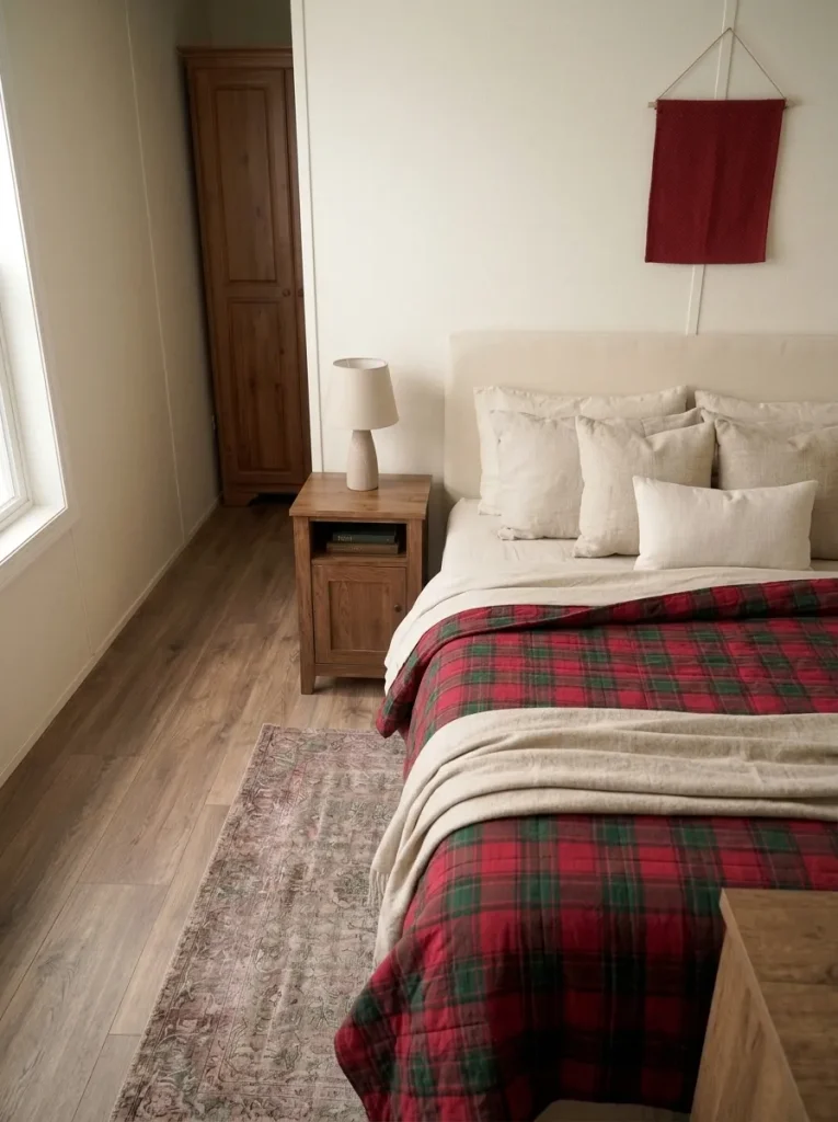 Red and green plaid Christmas bedding paired with a cream upholstered headboard and subtle red wall accent.