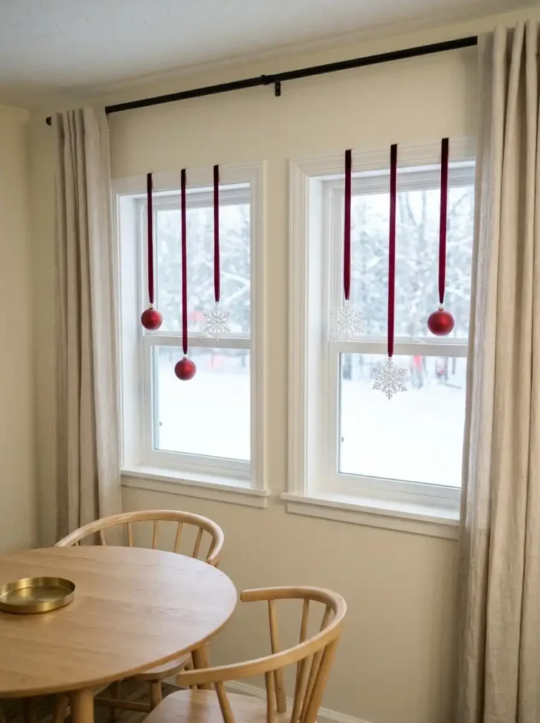 Red velvet ribbons holding Christmas baubles and white snowflakes across a shallow mobile home window.