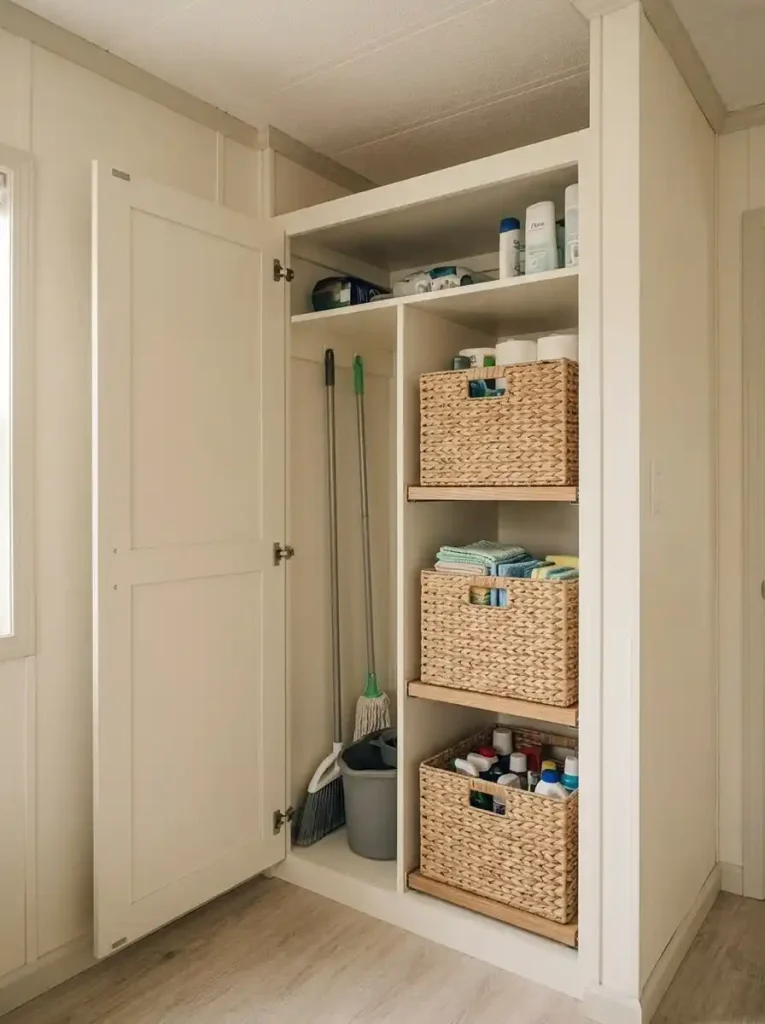 Deep mobile home utility cabinet organized with three removable basket levels and an open section for taller items.