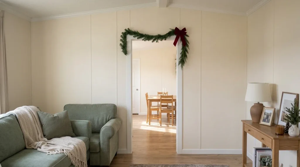 Removable Christmas pine garland with a red velvet bow above a white-trimmed mobile home doorway leading into a dining nook.