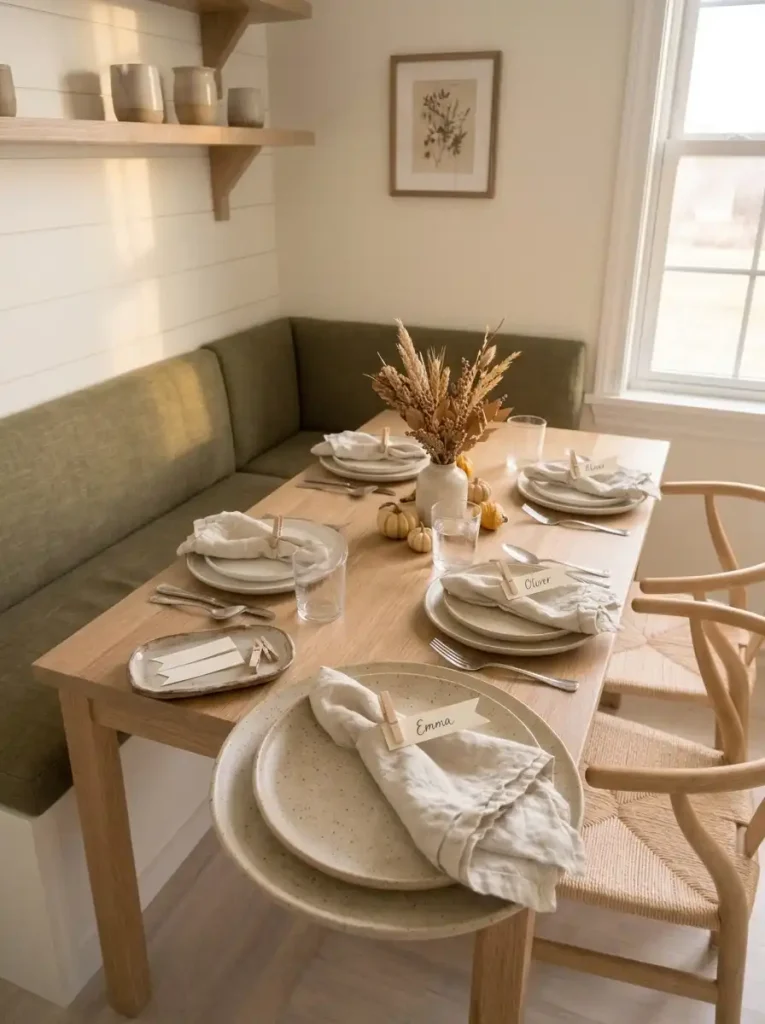 Mini wooden clothespins holding Thanksgiving guest name flags on napkins beside olive-green corner banquette seating.