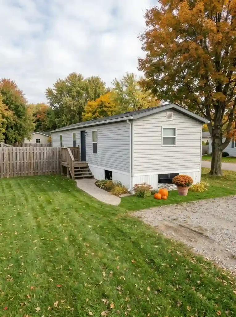 Potted golden mums and pumpkins form a movable island on a mobile home lawn, with open grass around it.