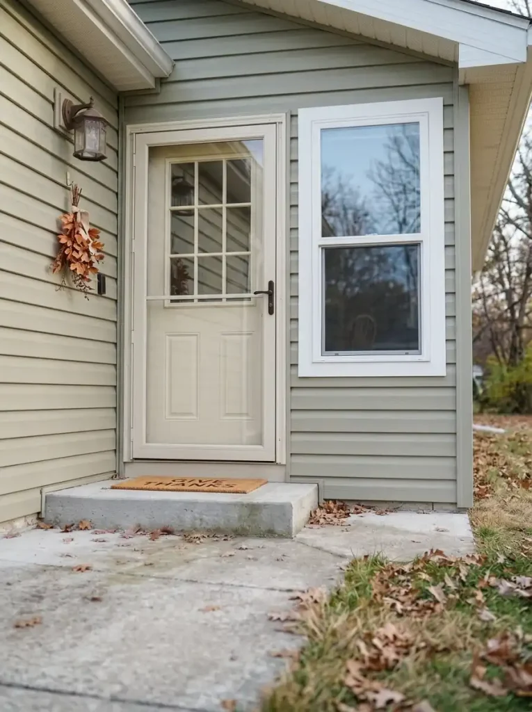 Renter-friendly Thanksgiving decorations with a small leaf accent and simple doormat beside a manufactured home glass-top door.