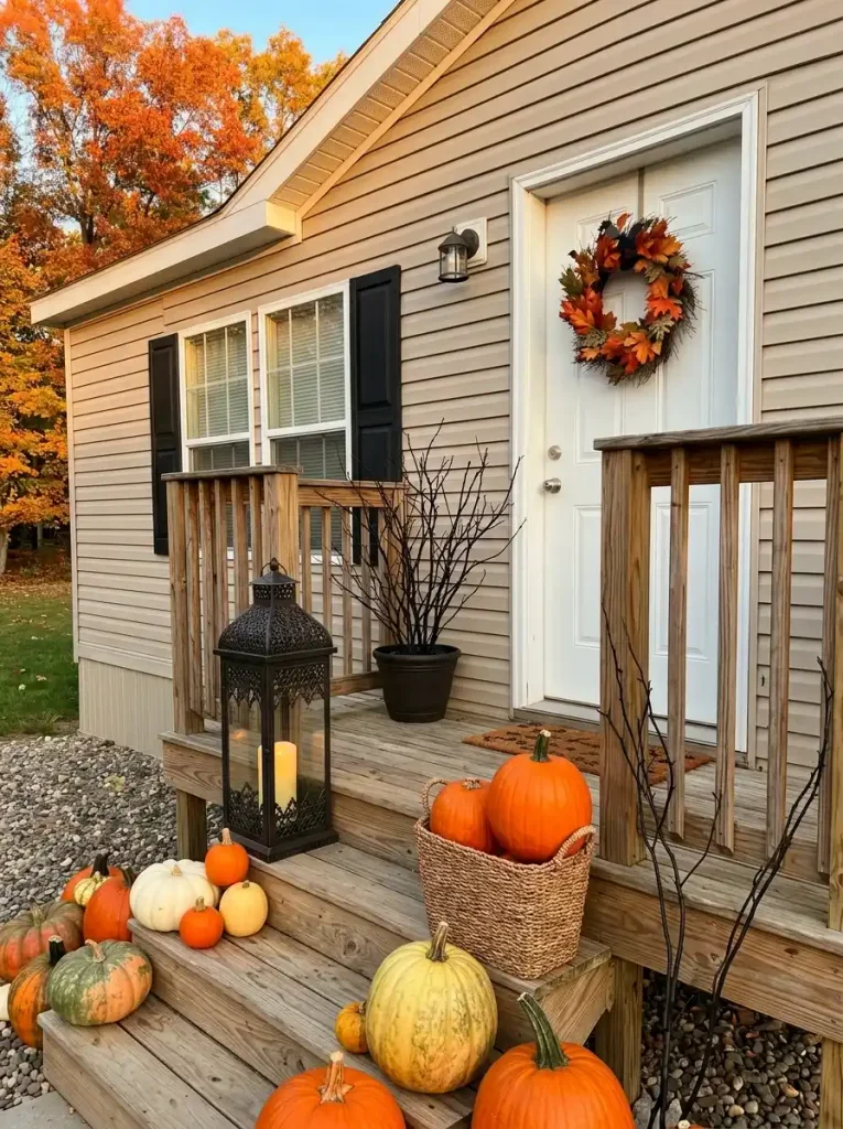 Manufactured-home porch using an existing planter, lantern, basket and wreath with removable Halloween accents while leaving the doorway clear.