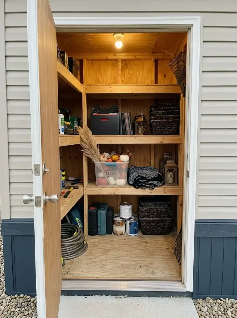 Compact manufactured-home storage area with flat bat decorations, folded mesh, nesting baskets and reusable lanterns stored efficiently after Halloween.