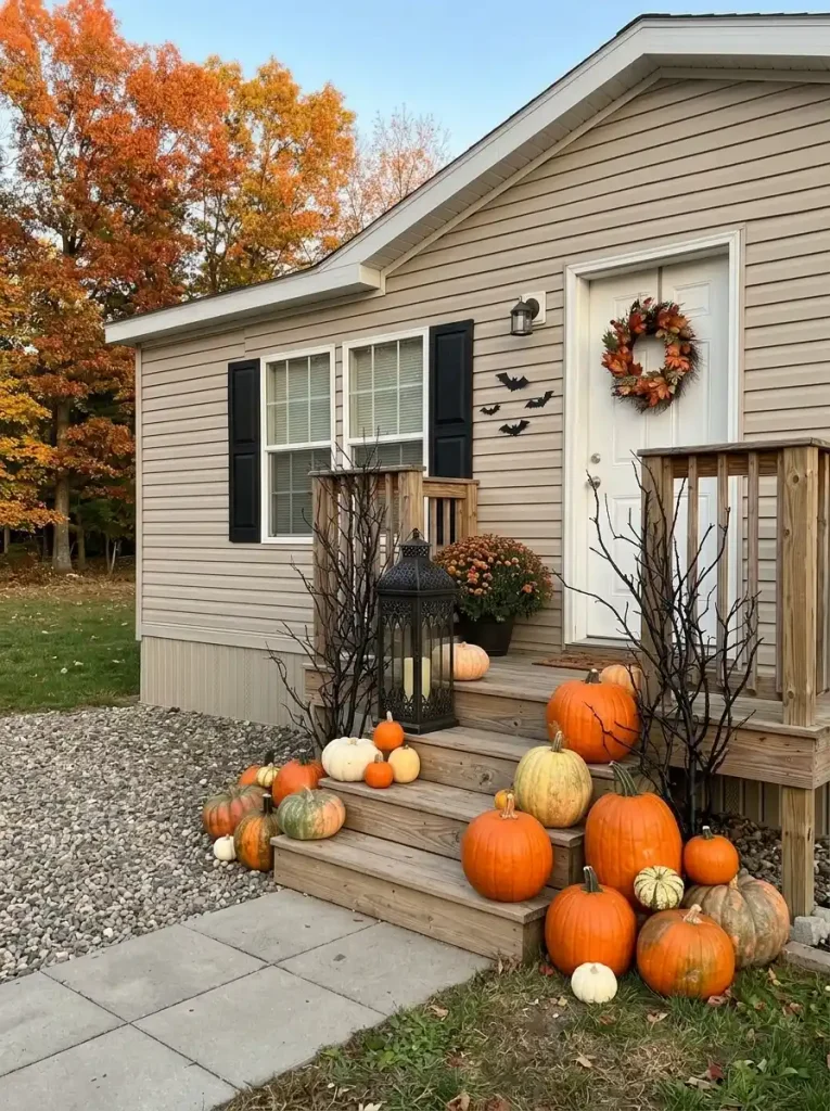 Existing fall pumpkins beside a manufactured-home porch updated for Halloween with black branches, a lantern and small bat accents.