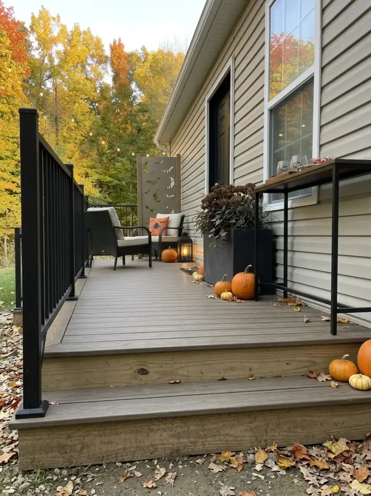 Existing planters, lanterns, cushions, and patio furniture updated with removable Halloween decorations.