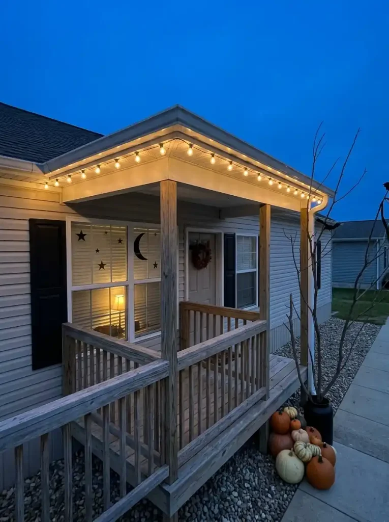 Warm string lights outlining one porch edge on a manufactured home and reinforcing a simple Halloween pumpkin and lantern display.