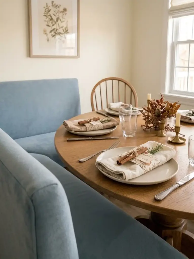 Reversible botanical and neutral vintage-paper napkin bands shown on two folded napkins in a cottage dining nook.