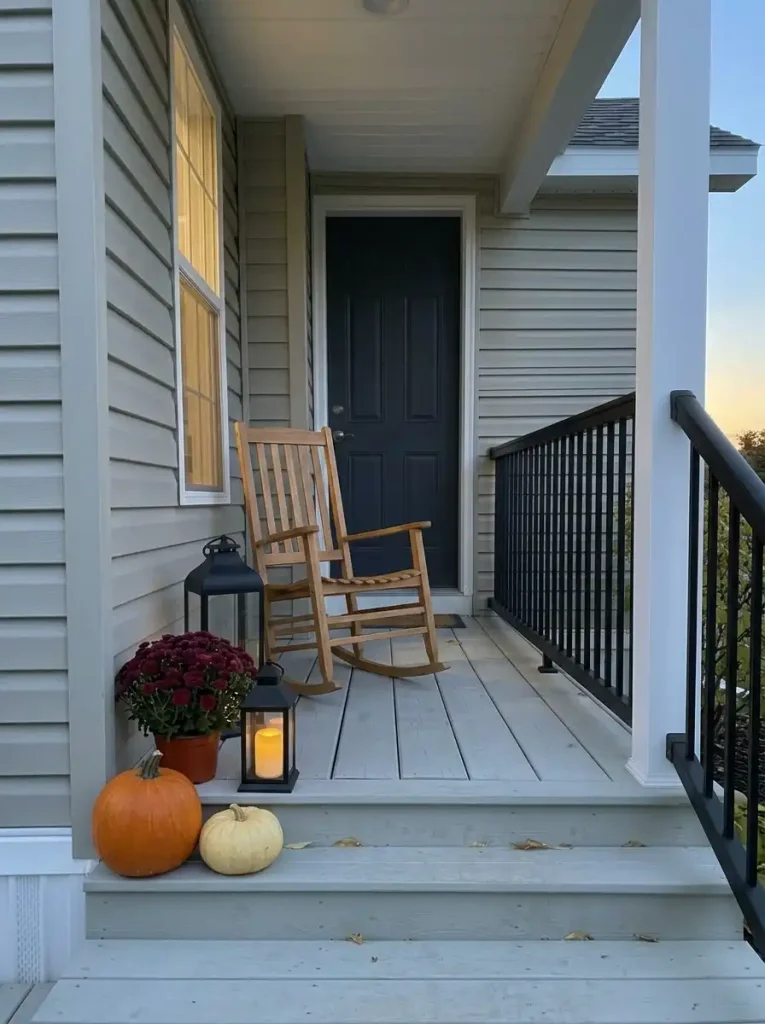 Usable wooden rocker separates a low pumpkin and mum display from the open walking area of a small mobile-home porch.