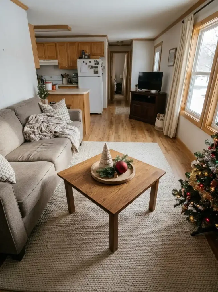Round Christmas tray with a ceramic tree, evergreen accents and ornaments centered on a small square coffee table.