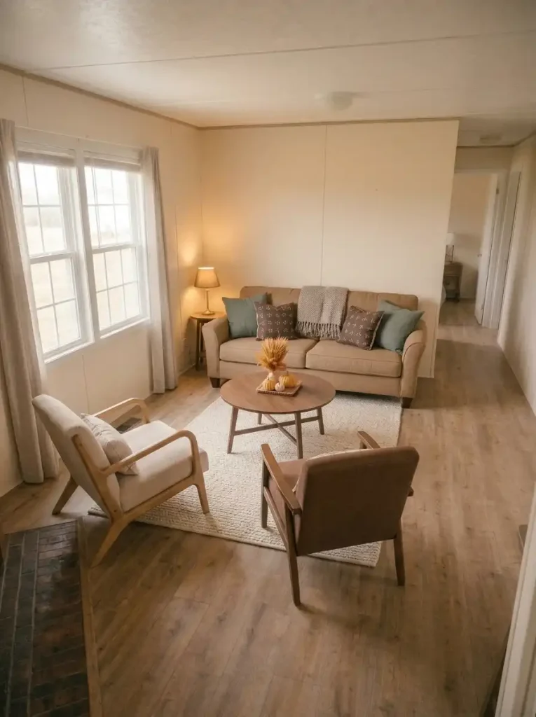 Small sofa and two angled armchairs surrounding a round wooden coffee table in a compact Thanksgiving living room.