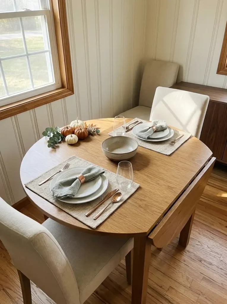 Small round Thanksgiving table with a mini pumpkin crescent arranged along an unused edge and serving space in the center.