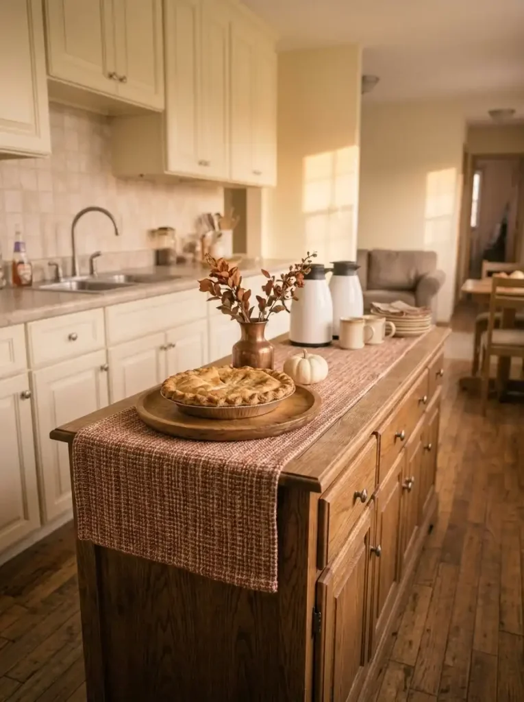Rust-colored linen, copper accents, small pumpkins, and oak serving pieces on a dessert station.