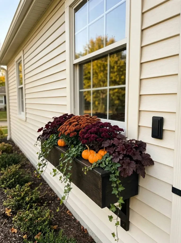 Rust mums, burgundy leaves and deep green foliage in a fall window box against pale cream mobile-home siding.