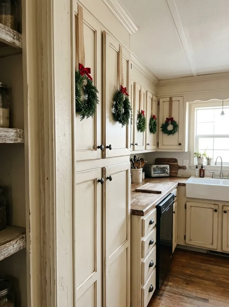 Rustic cream mobile home kitchen cabinets decorated with little evergreen wreaths and burlap-style ribbon bows.