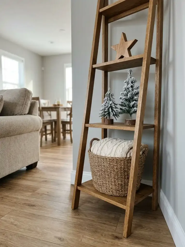 Stable ladder-style shelf holds blankets low and flocked Christmas trees above beside a clear mobile home walkway.