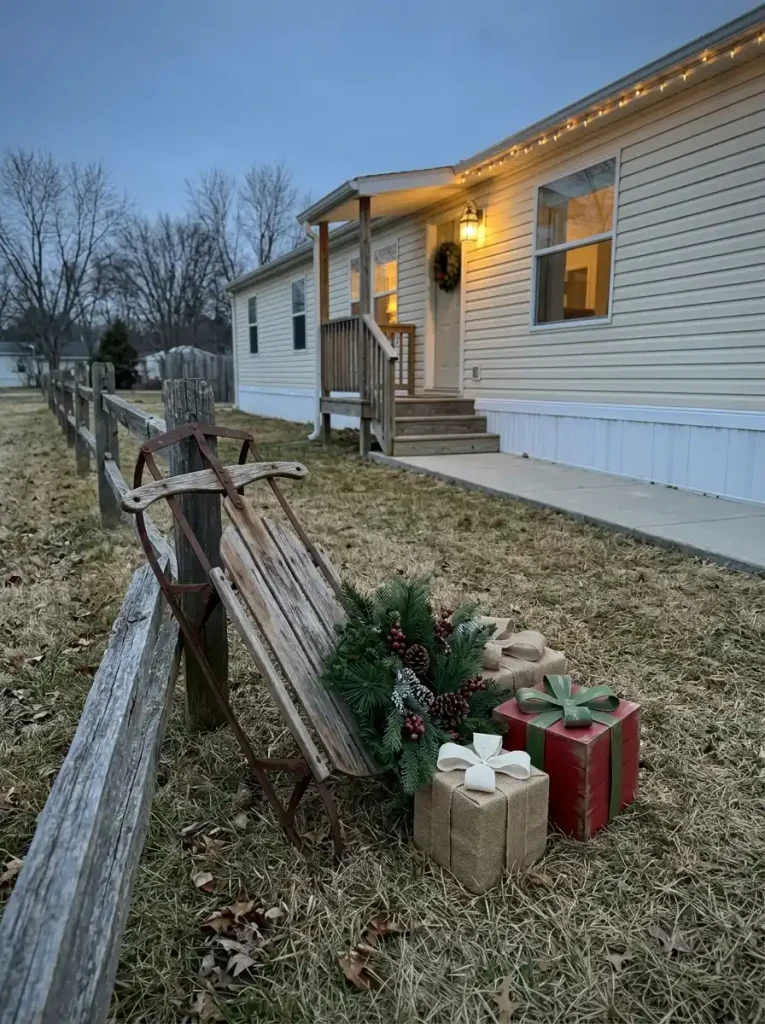 Rustic Christmas sled with greenery and outdoor gift-box decorations beside a short yard fence at a small mobile home.