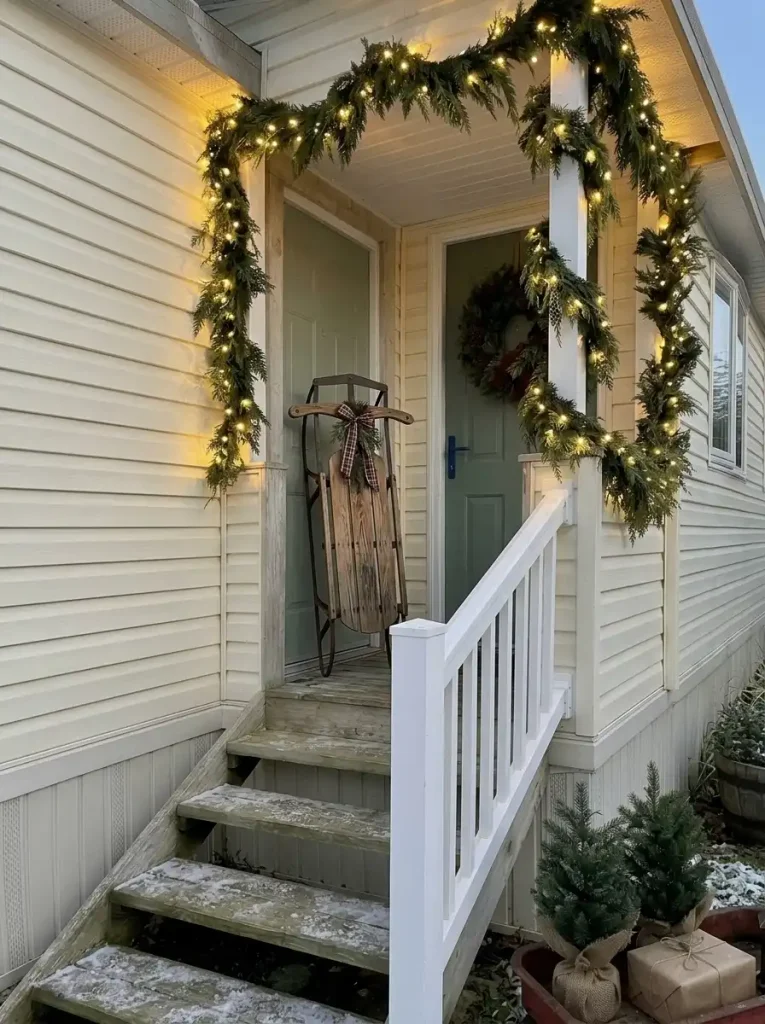 Slim vintage wooden Christmas sled decorated with plaid ribbon against the sheltered side wall of a mobile-home porch.
