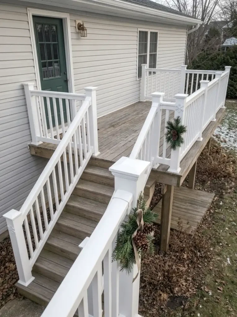 Natural-looking cedar and pinecone Christmas bundles decorating a wooden mobile-home deck railing.