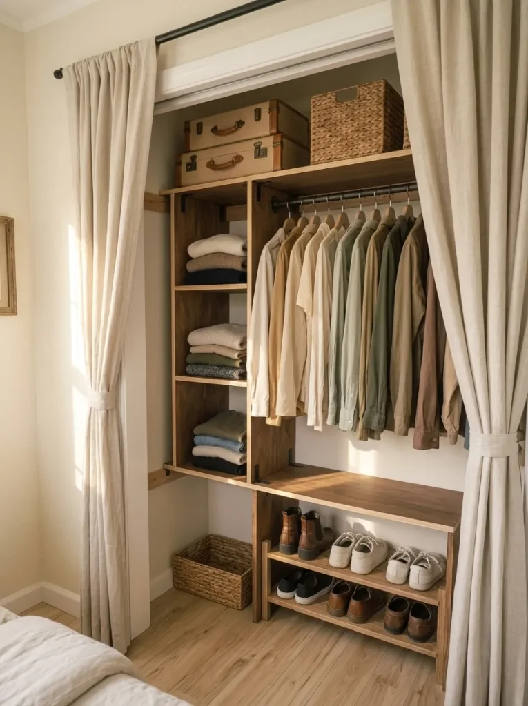 Rustic mobile home closet with walnut-stained shelving, black hanging rods, folded-clothing cubbies, and woven storage baskets.