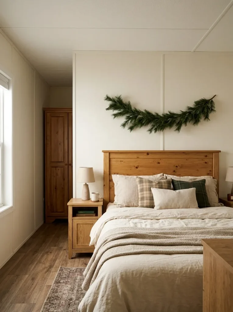 Rustic wooden headboard with a slim evergreen Christmas garland, cream bedding, and warm farmhouse accents in a mobile-home bedroom.