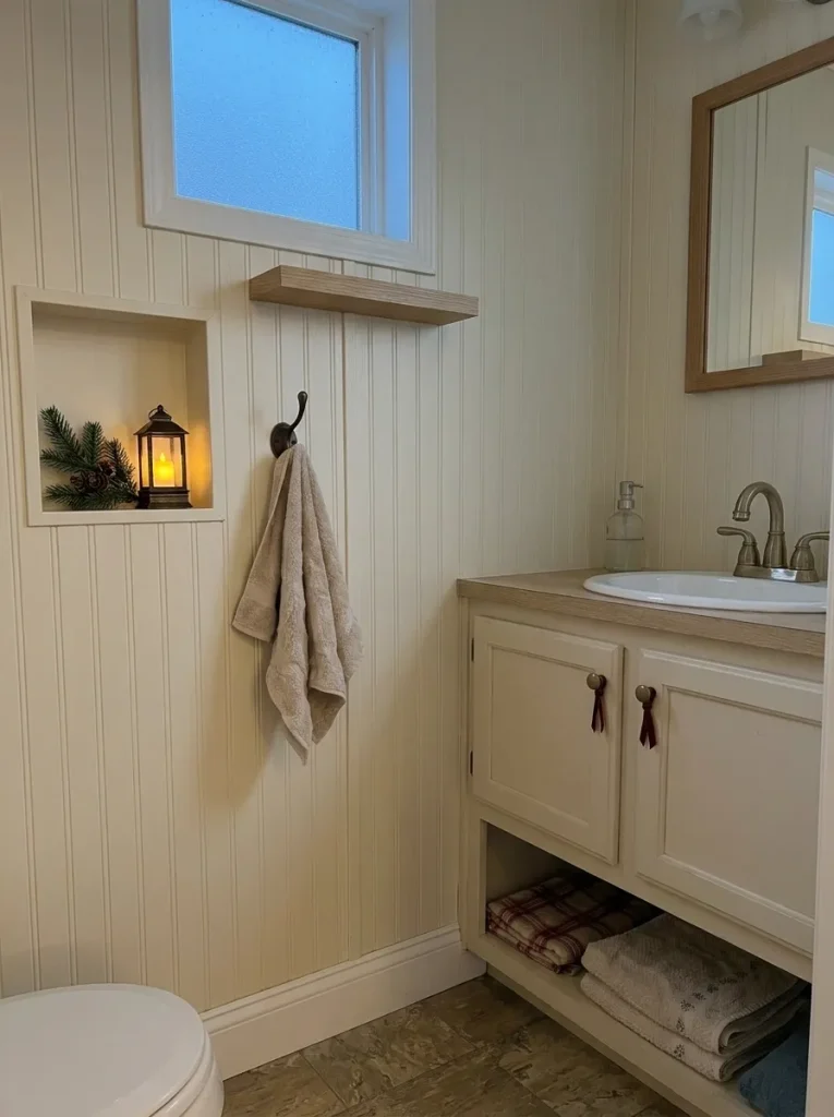 Small bathroom at dusk with a flameless Christmas accent on a dry shelf away from the sink.