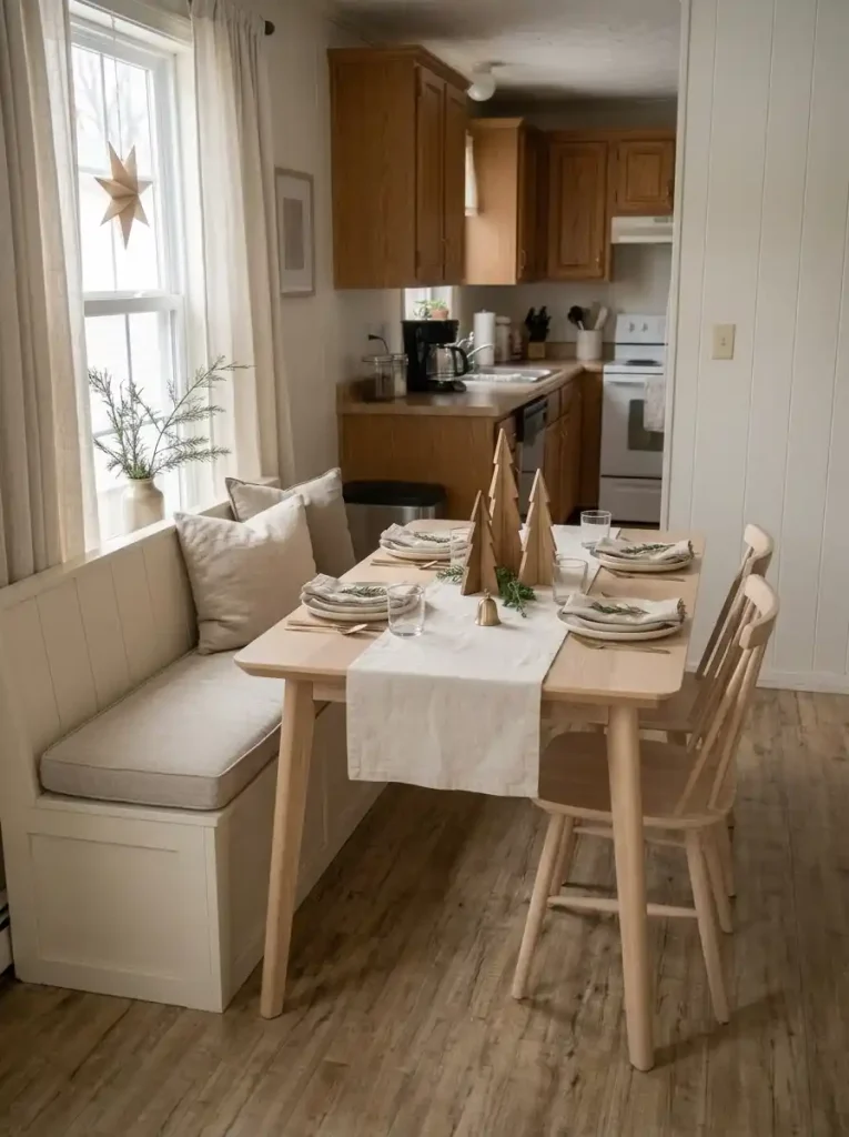 Scandinavian Christmas dining nook with a pale oak table, miniature wooden trees, ivory linen, and simple white plates.