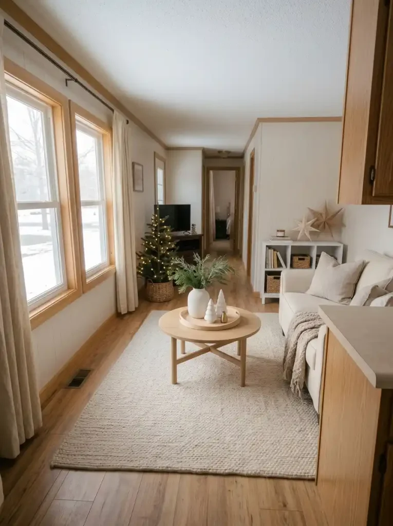 Scandinavian Christmas coffee table with white ceramic trees, evergreen branches and subtle gold accents in an open-plan mobile home.