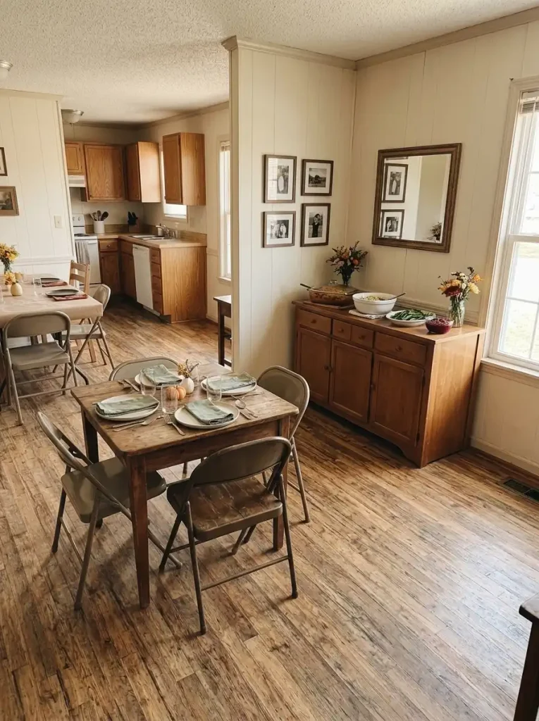 Small mobile home Thanksgiving dining table with neutral place settings and a separate sideboard buffet.