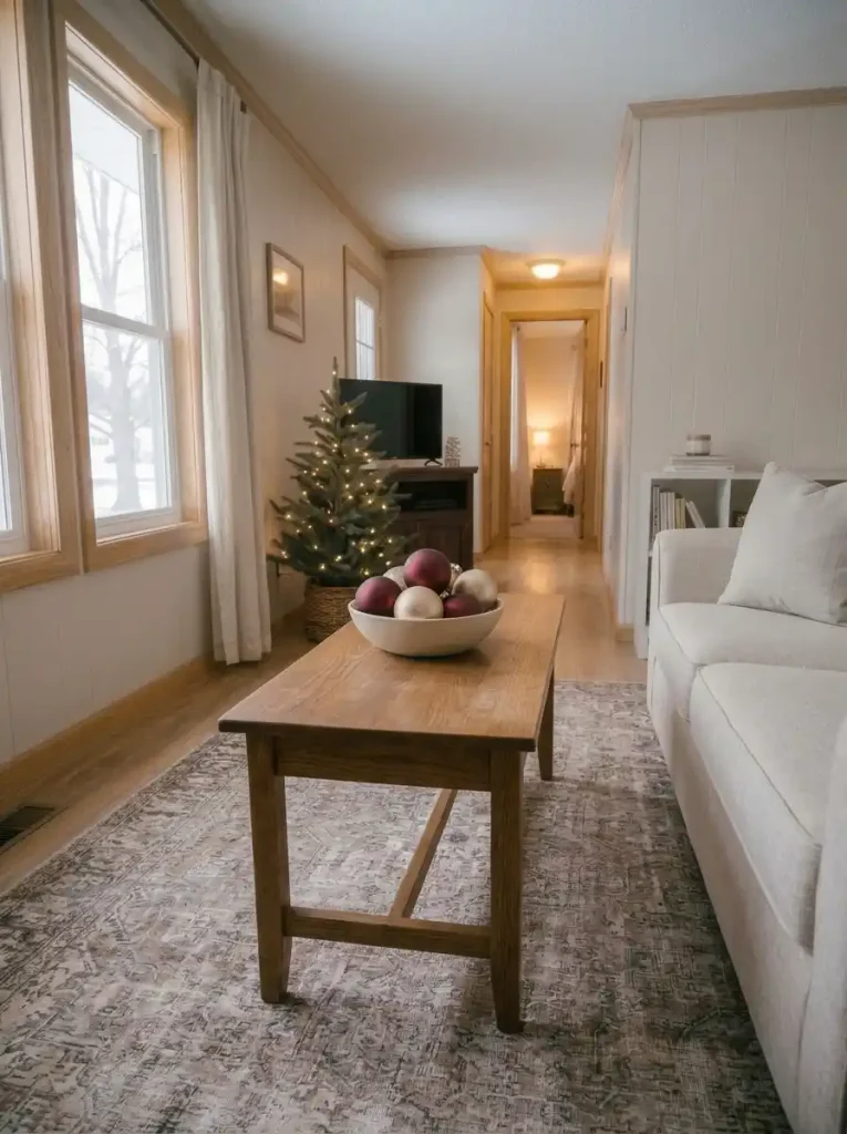 Shallow ceramic bowl filled with shatter-resistant cranberry and champagne Christmas ornaments on a small living room coffee table.