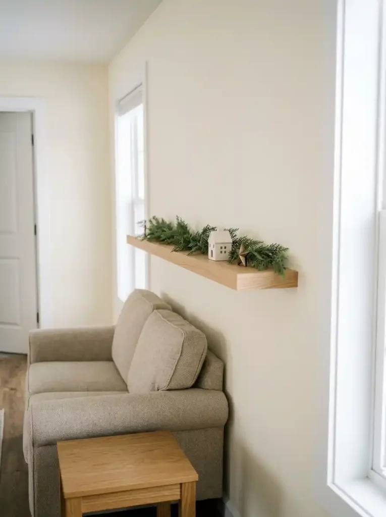 Shallow oak floating shelf above a compact sofa with low faux cedar, ceramic house and visible unused shelf space.